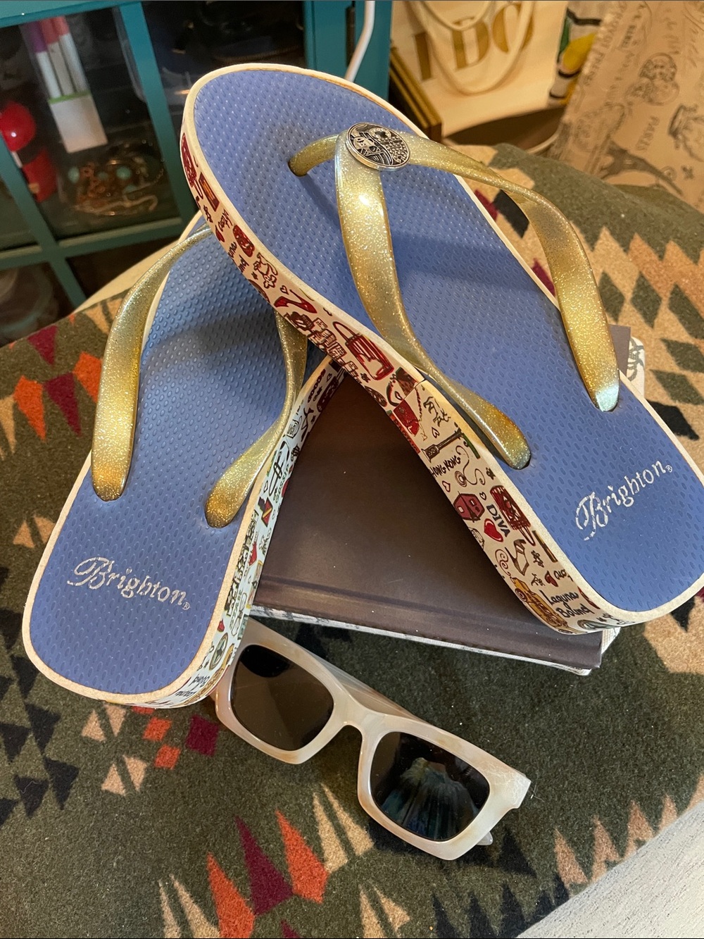 Brighton Women's Blue and Gold platform wedge Flip Flop
